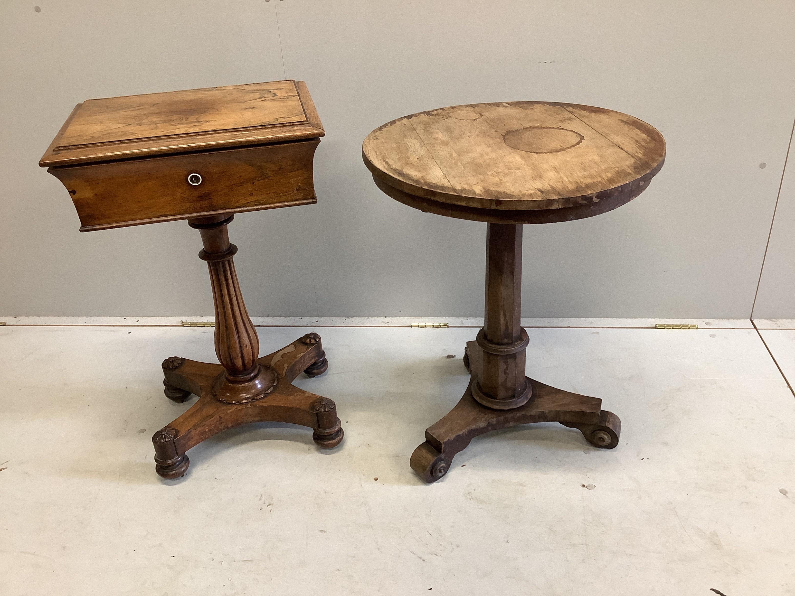 An early Victorian rosewood teapoy, width 47cm, depth 36cm, height 77cm, together with a Victorian circular topped occasional table